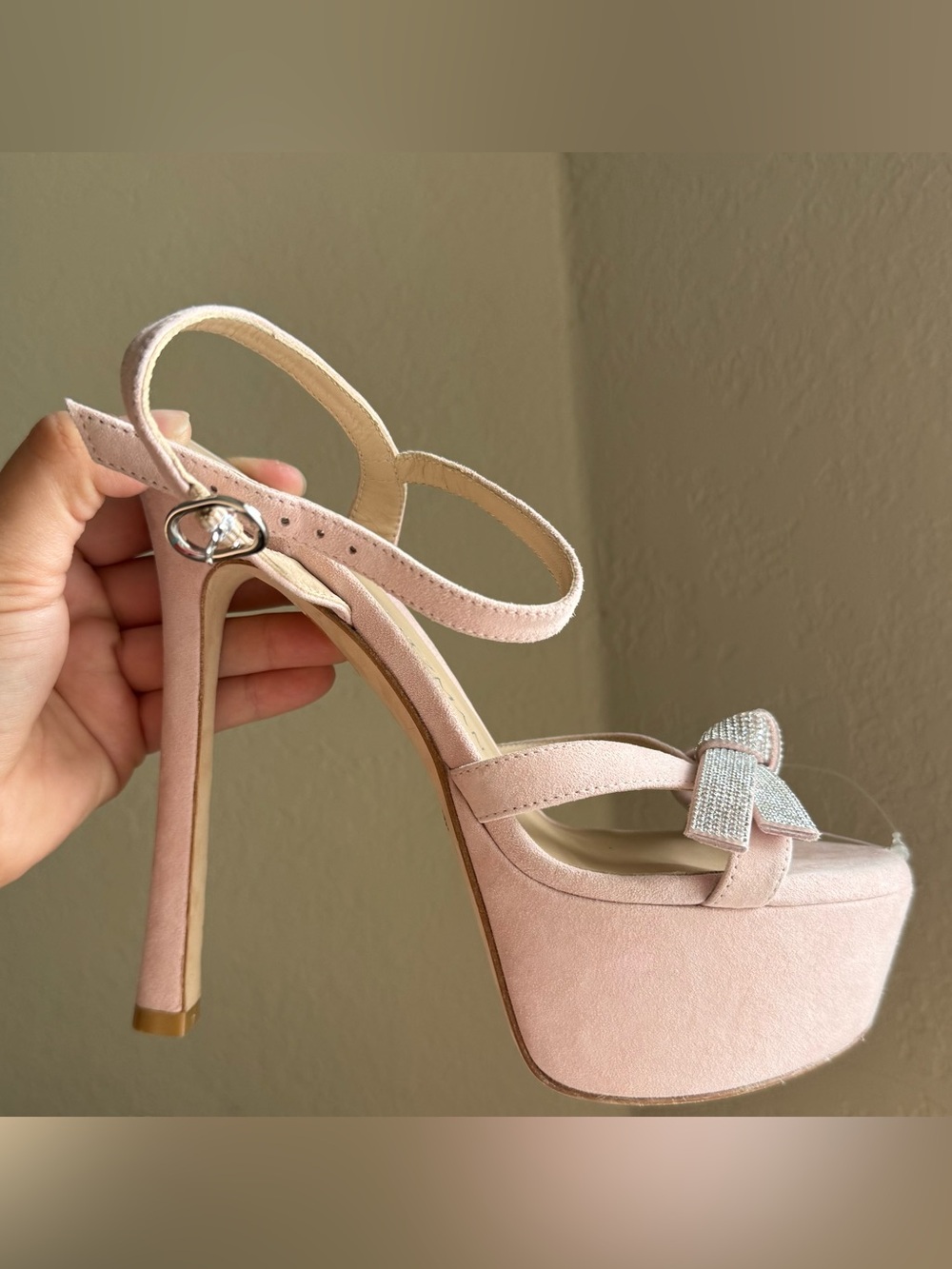 Stuart Weitzman Mega Bow Platform Heels Sandals crystal Pink suede Size 7 - Picture 8 of 16